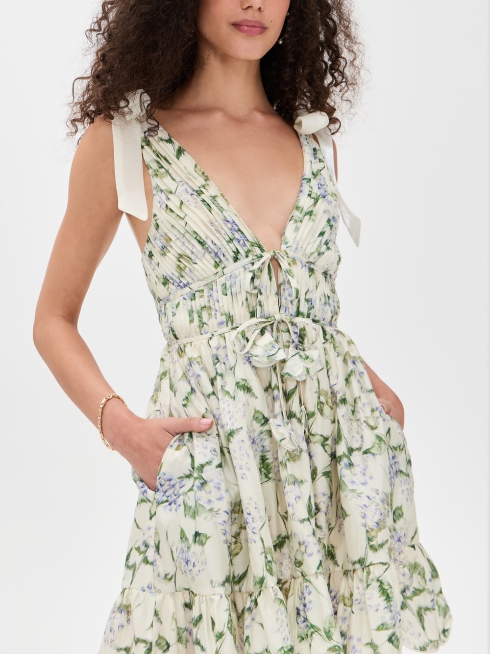 En Saison Cream Mini Dress with Green and Lavender Floral Print